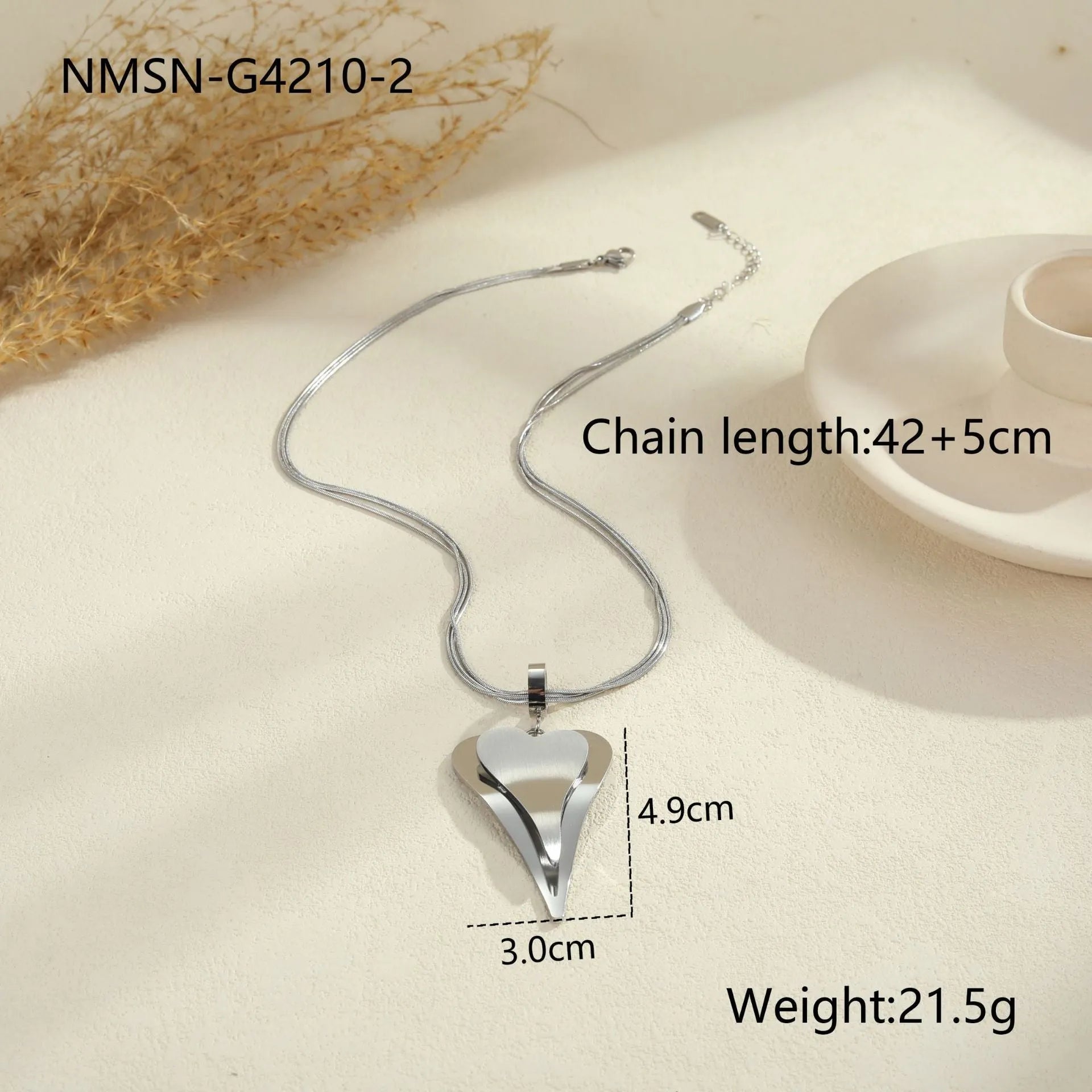 Geometric double heart pendant necklace with snake bones chain in gold or steel finish
