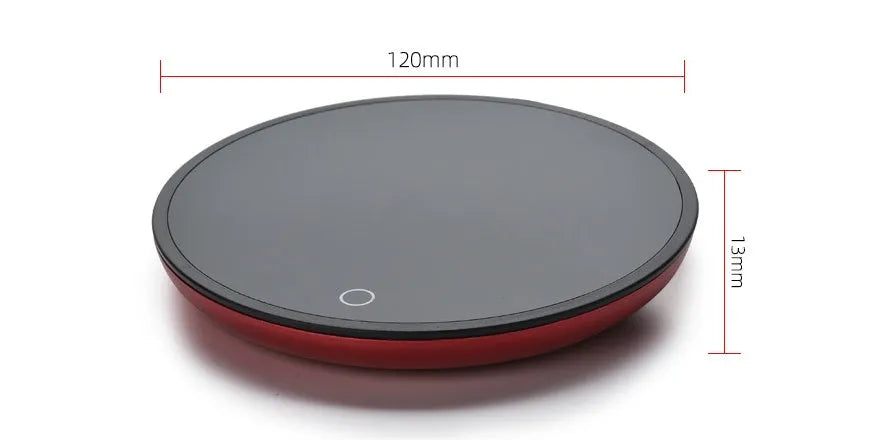 Black coffee mug warmer with dual temperature buttons and 12cm tempered glass heating surface