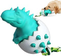 Blue dinosaur-shaped dog chew toy with textured surface and an attached rope for tug-of-war.