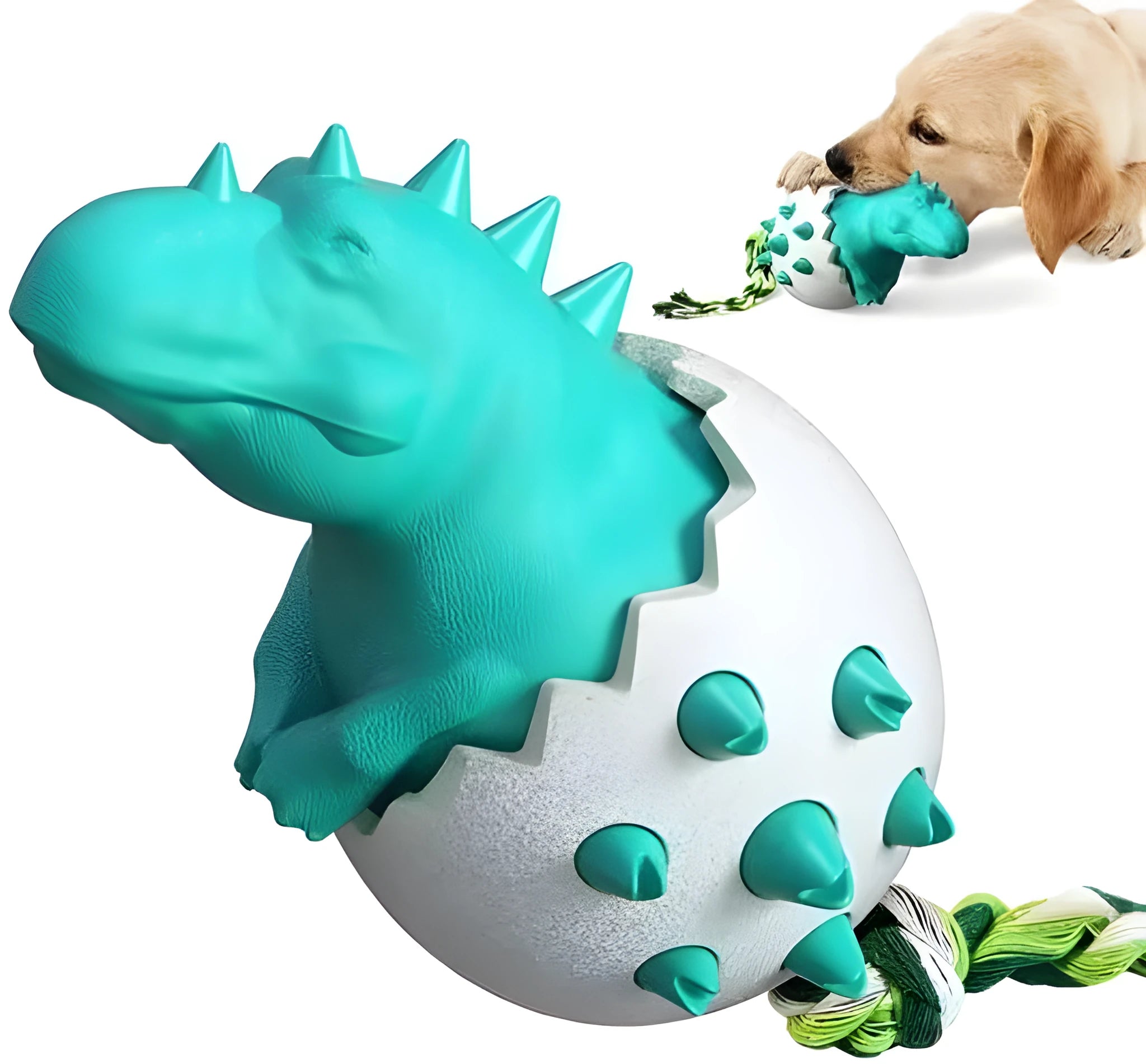 Blue dinosaur-shaped dog chew toy with textured surface and an attached rope for tug-of-war.