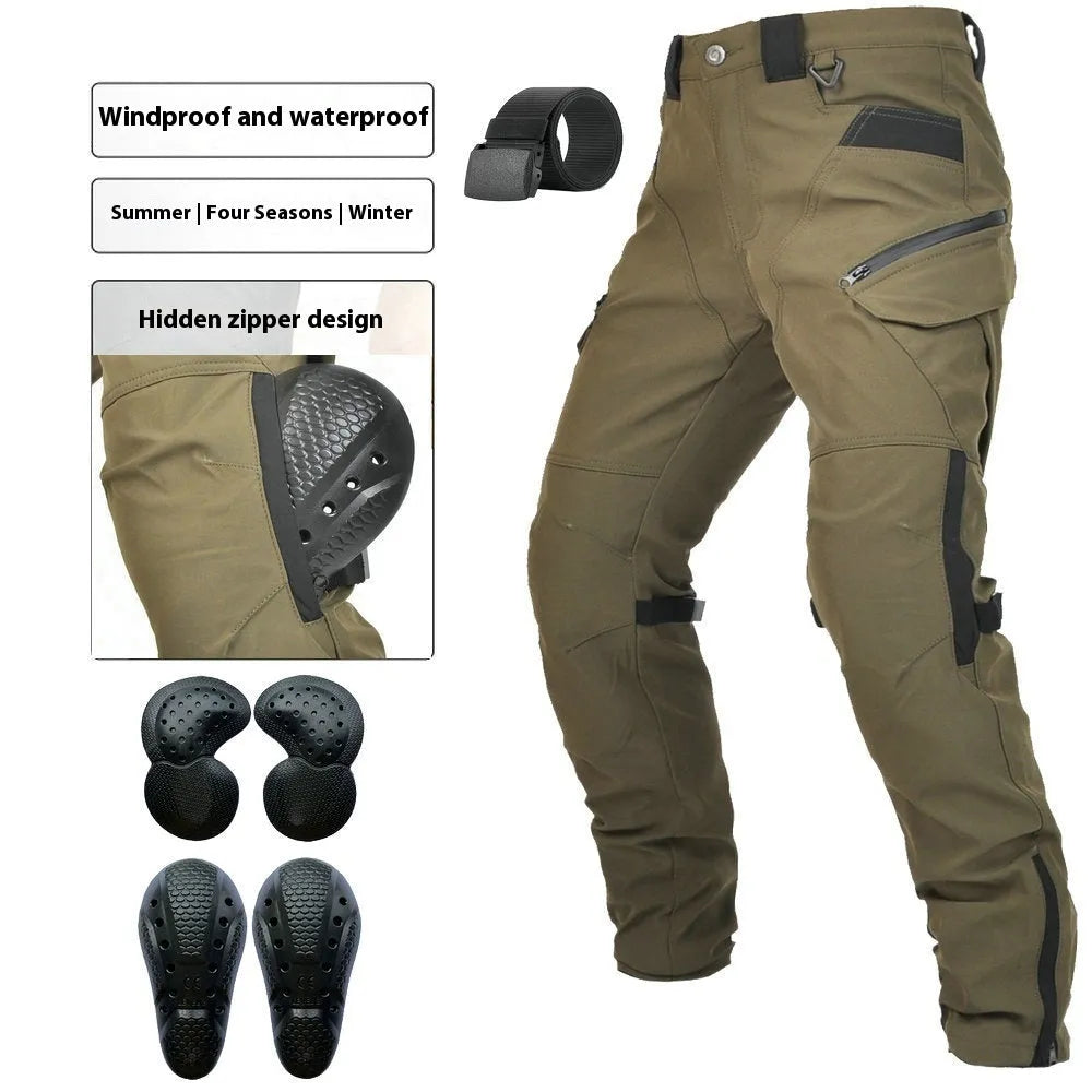 Men's waterproof motorcycle trousers in green and black colours with belt and protective gear
