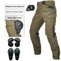 Men's waterproof motorcycle trousers in green and black colours with belt and protective gear