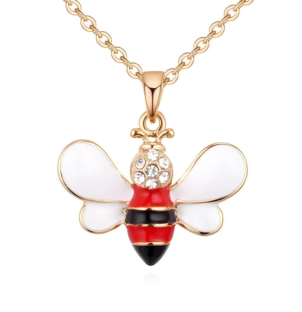 Cartoon bee drop pendant necklace on alloy cross chain for women, available in coffee, yellow, red colours