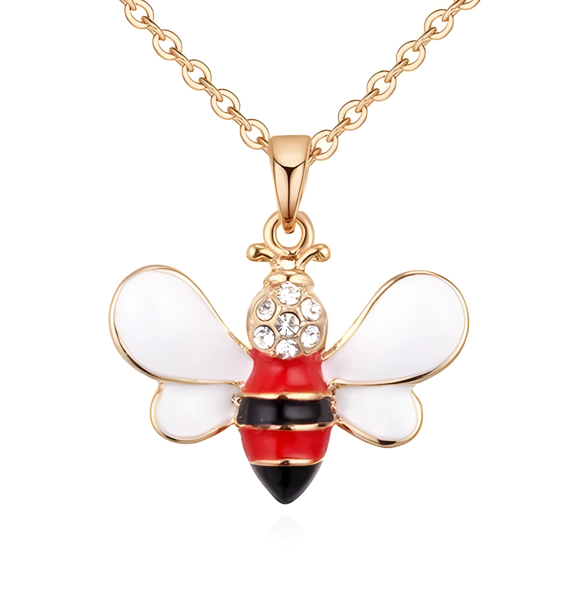 Cartoon bee drop pendant necklace on alloy cross chain for women, available in coffee, yellow, red colours