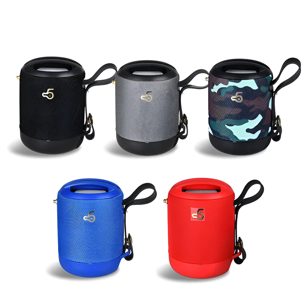 Compact rectangular portable Bluetooth speaker in multiple colours with a carrying strap.