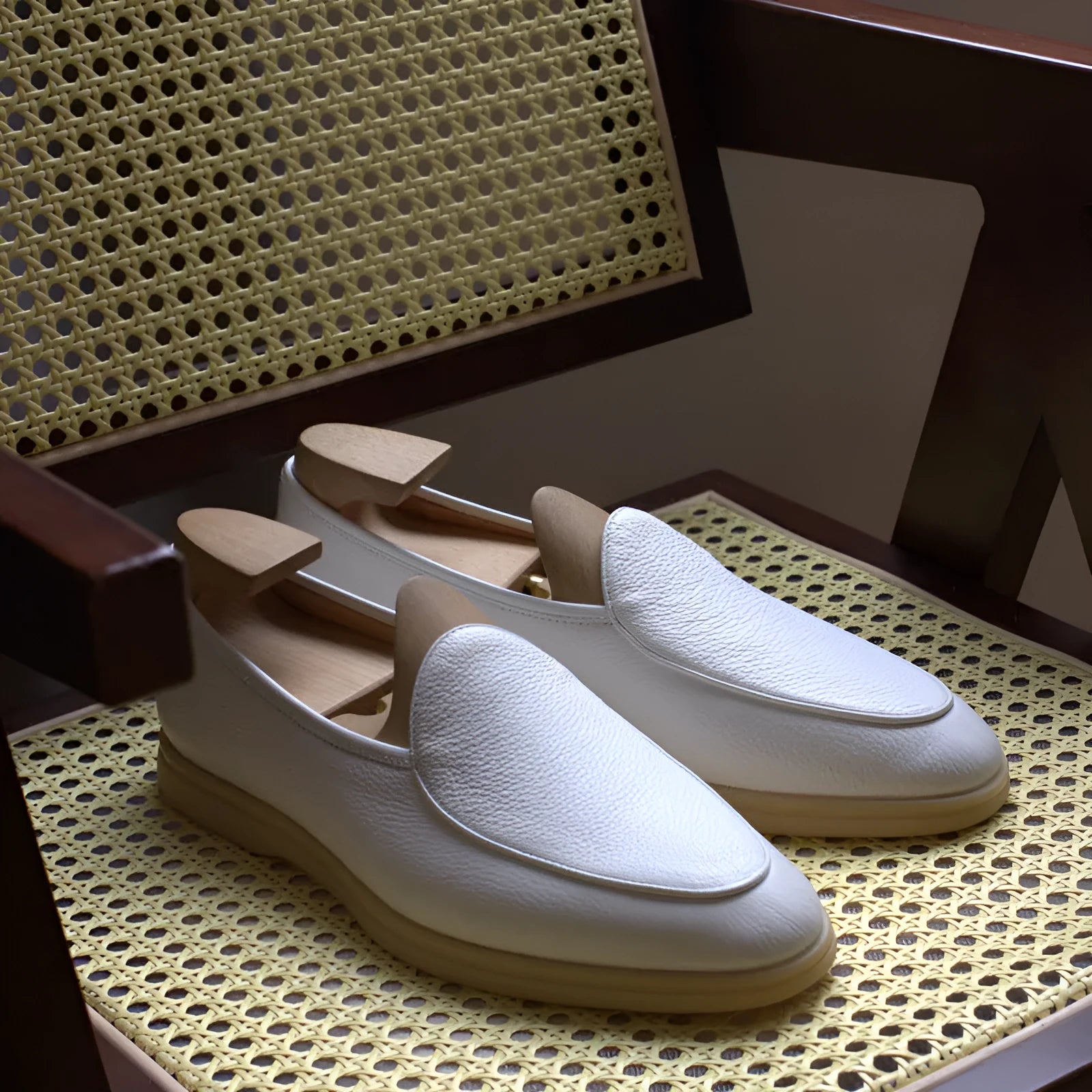 British handmade leather loafers for men in black, white, brown, dark brown and beige