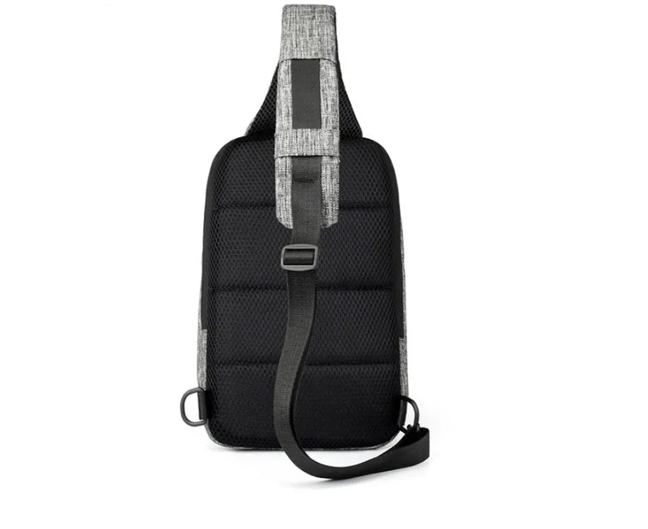 Small dark blue Oxford cloth waterproof chest bag with a zipper and adjustable strap, shown with a phone in the dedicated compartment.