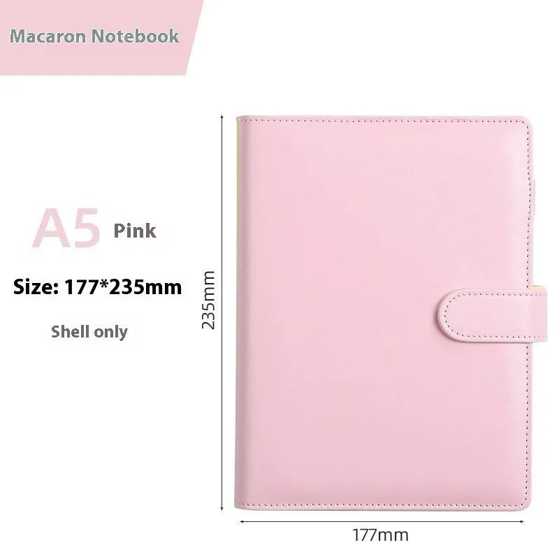 A5 PU leather zipper notebook shell in multiple solid colours, showing closed and open views.