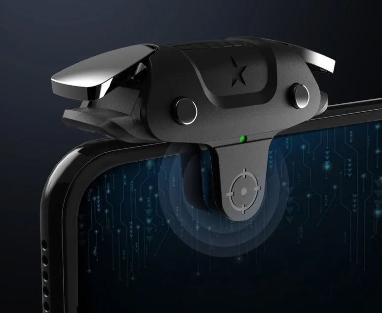 Black F5 mobile game controller showing compact dimensions for phone gaming