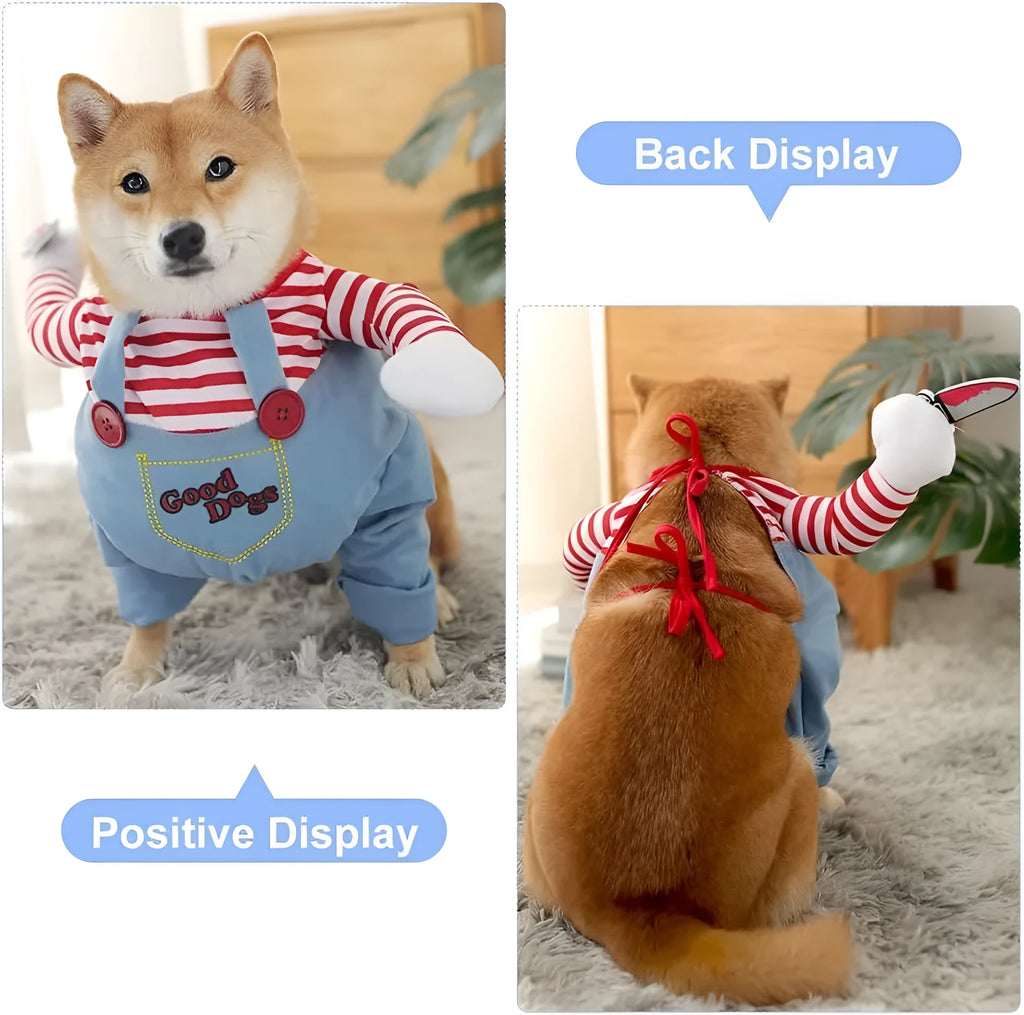 Striped Halloween dog costume with knife accessory in 3-piece set for pets