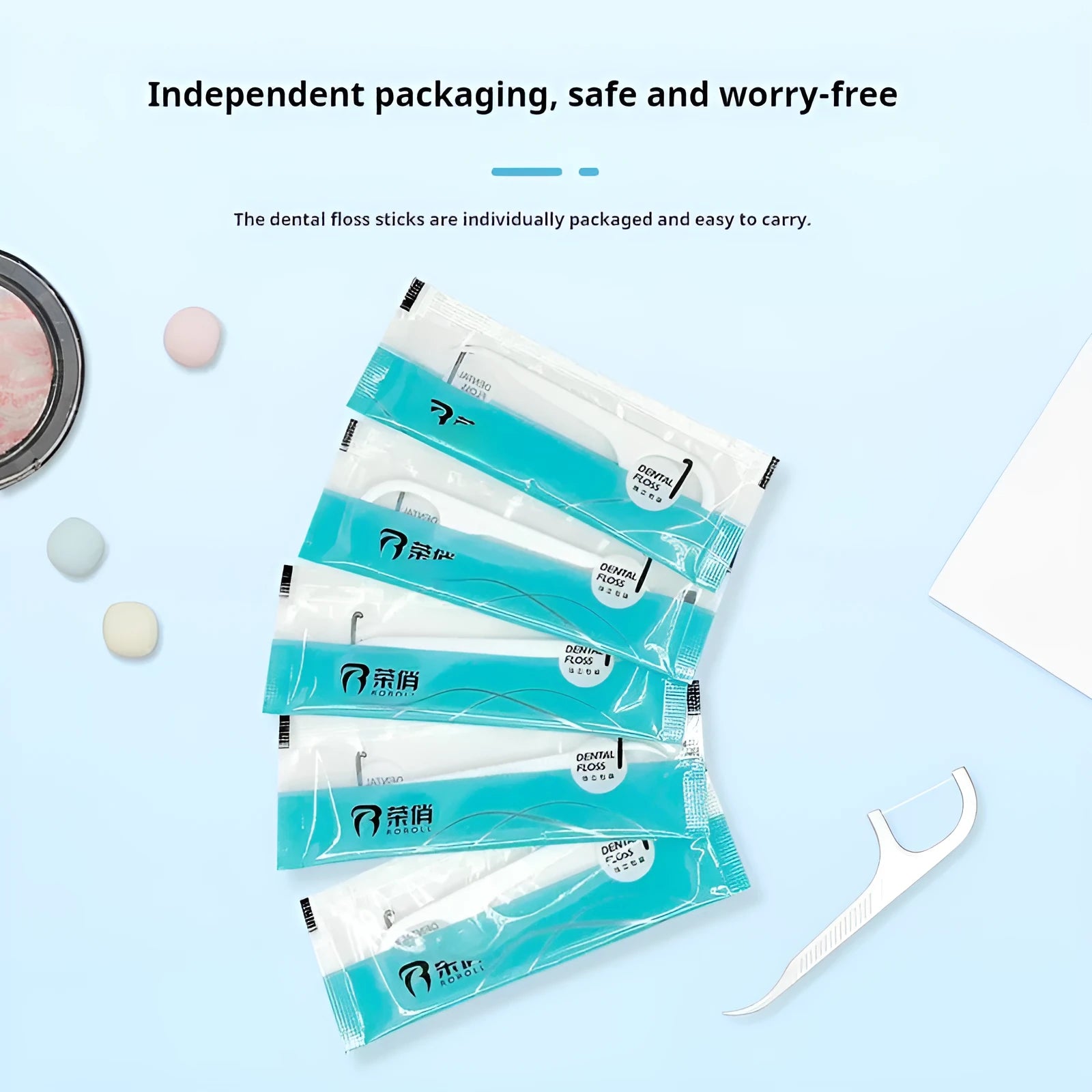 Plastic disposable dental floss packaging bags with dimensions 180x238mm showing multiple packaging options