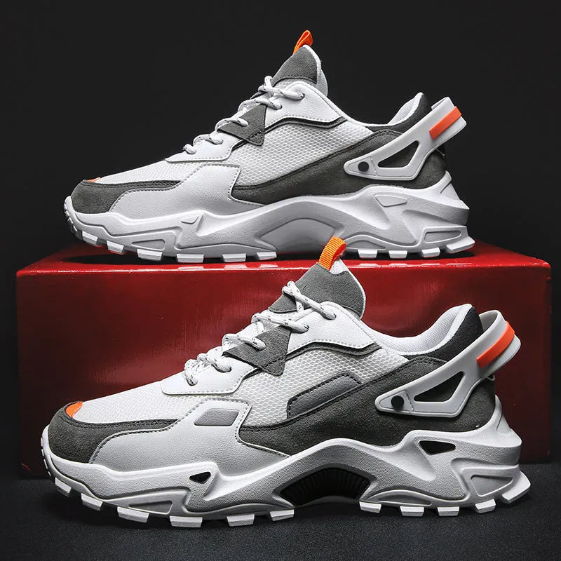 Men's breathable colour-blocked casual sneakers in beige and black, side view