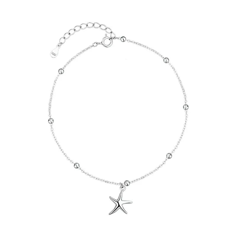 S925 sterling silver starfish anklet on an adjustable chain with round beads.