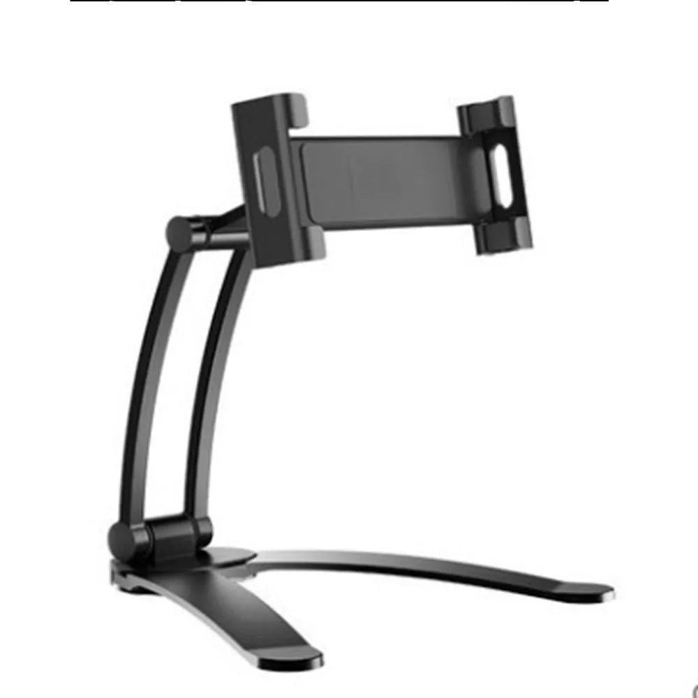 Silver aluminium alloy tablet stand holding a tablet, showing its 360-degree adjustable hinge and chuck system.