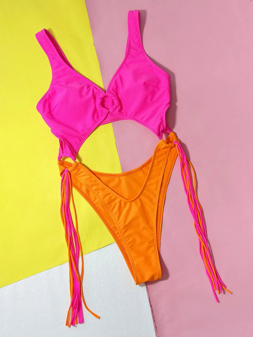 Women's Rose Red one-piece swimsuit with hollow-out steel ring and tassel detail
