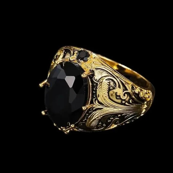 Men's silver geometric pattern wide face ring with imitation ink colour gem ornamentation