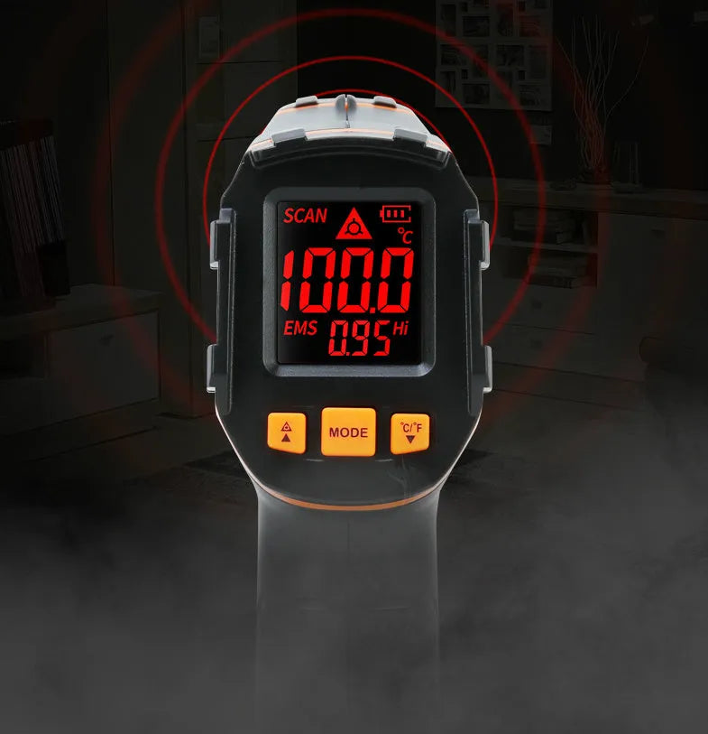 ST390A advanced handheld infrared thermometer with dual laser pointers on display.