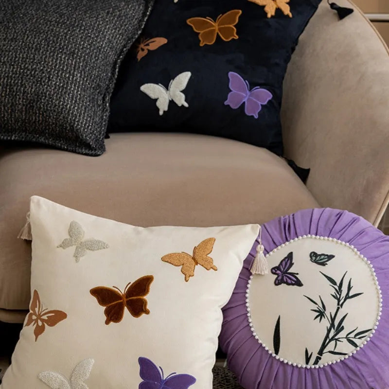Square beige cushion with black butterfly embroidery in Chinese style, 45x45cm