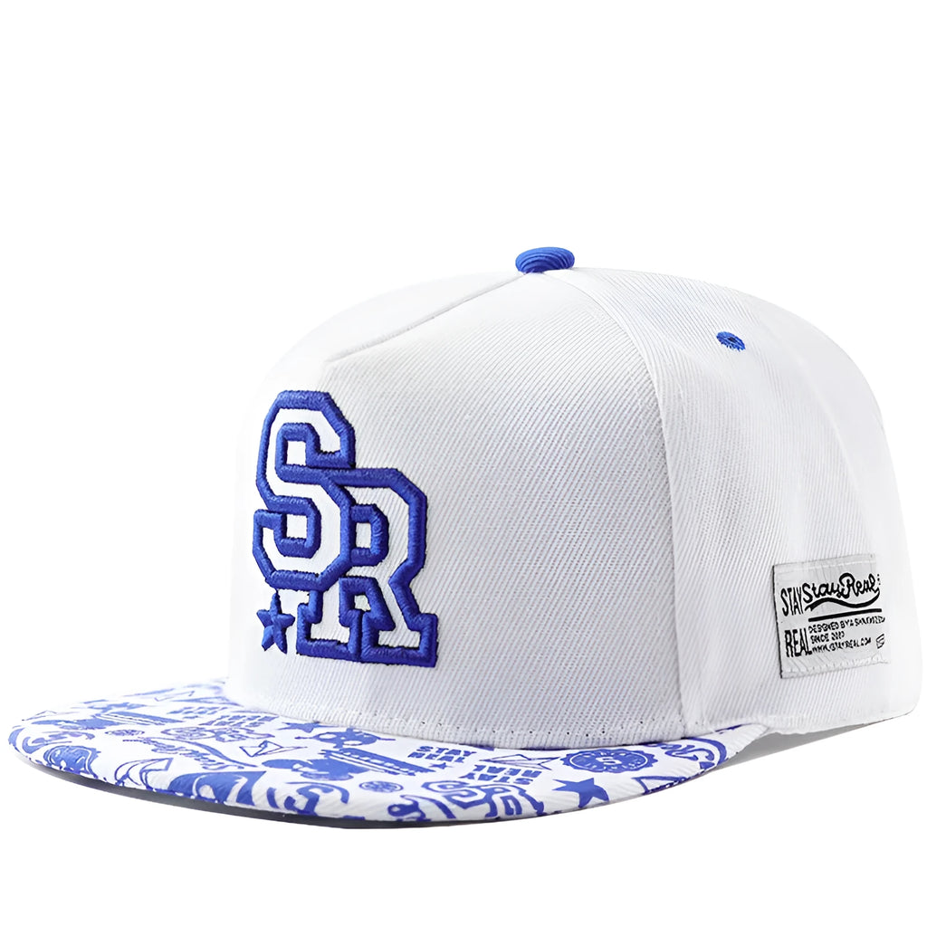 Black cotton baseball hat with white embroidered letters on the front, showing the dome crown shape.