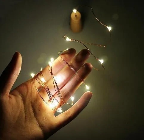 Bendable copper wire LED string light with 20 bulbs and a plastic bottle stopper for decorative lighting