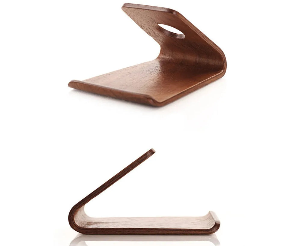 Solid wood phone stand for iPhone in natural walnut or white maple finish with minimalist bracket design