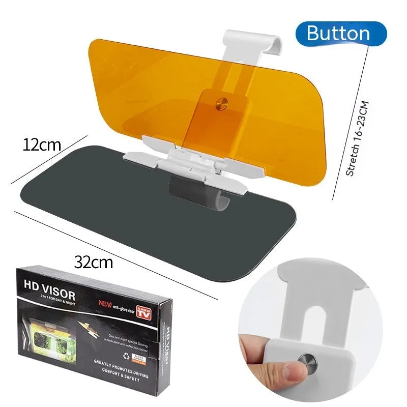 Anti-high beam goggles dual-use car sun visor with acrylic lens on colour box packaging.