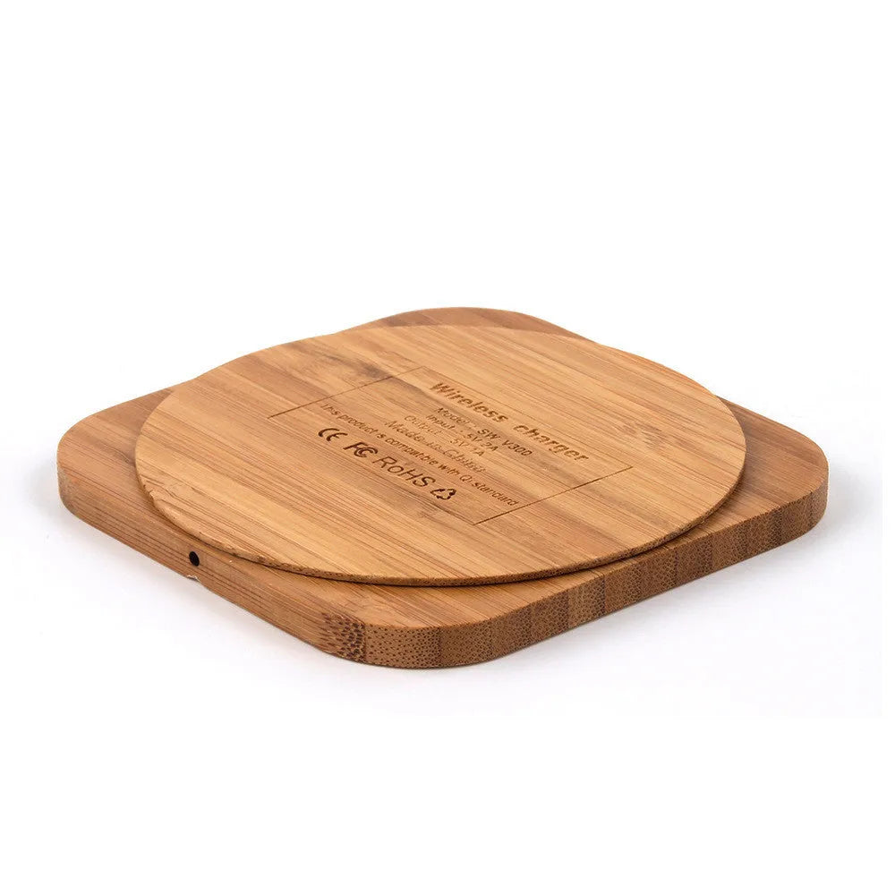 Brown square wooden bamboo wireless charging pad with Qi 5W charging capability