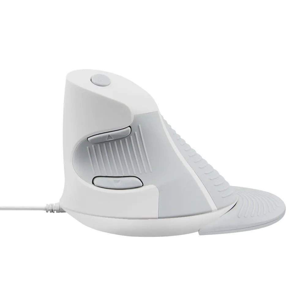 Black vertical ergonomic computer mouse showing contoured shape for right-handed use with USB cable