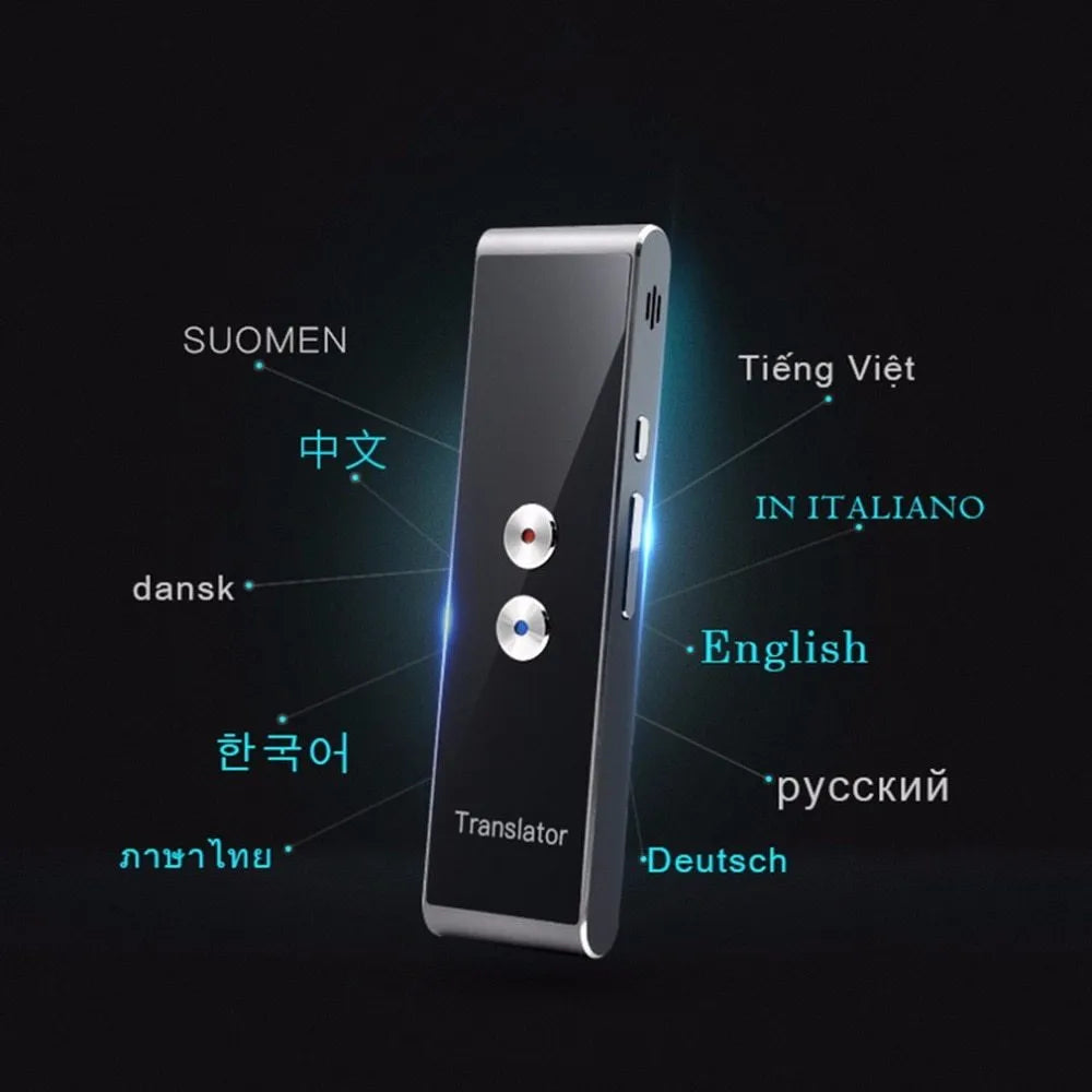 Black wireless voice translator with Bluetooth on white background next to smart phone