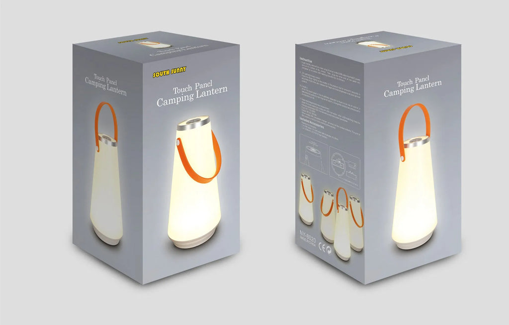 White rechargeable LED bedside table lamp with USB cable on a wooden surface.