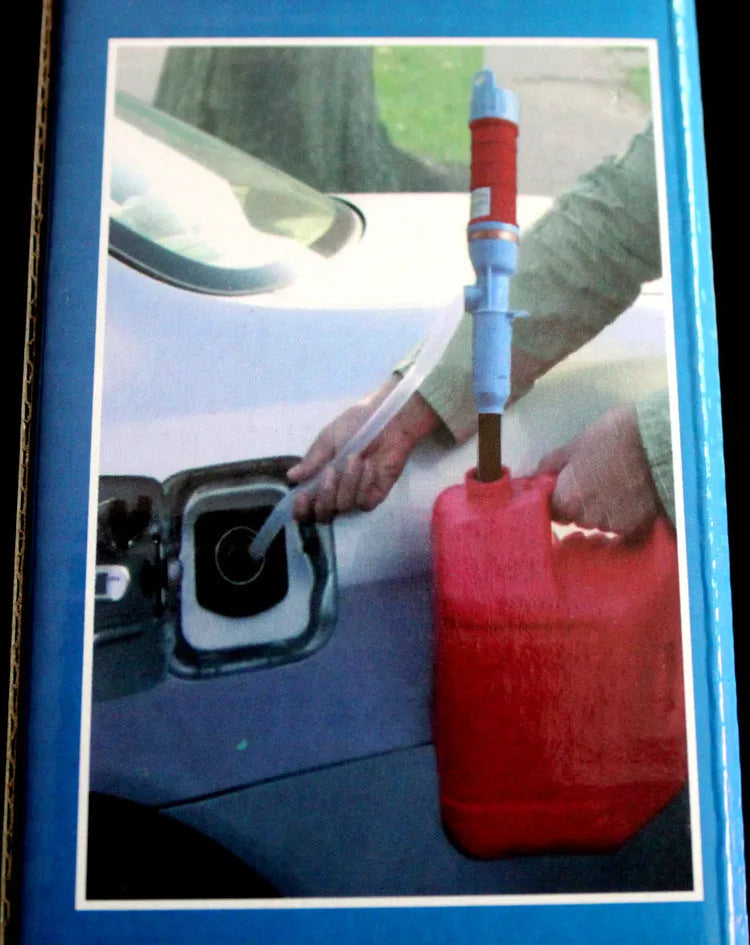 Blue and red manual hand siphon pump for transferring fuel, oil and water