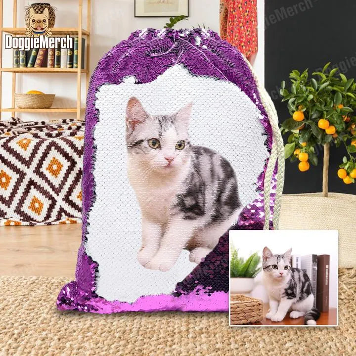 Custom purple sequins drawstring backpack with a printed dog photo, showing the 34cm x 45cm size.