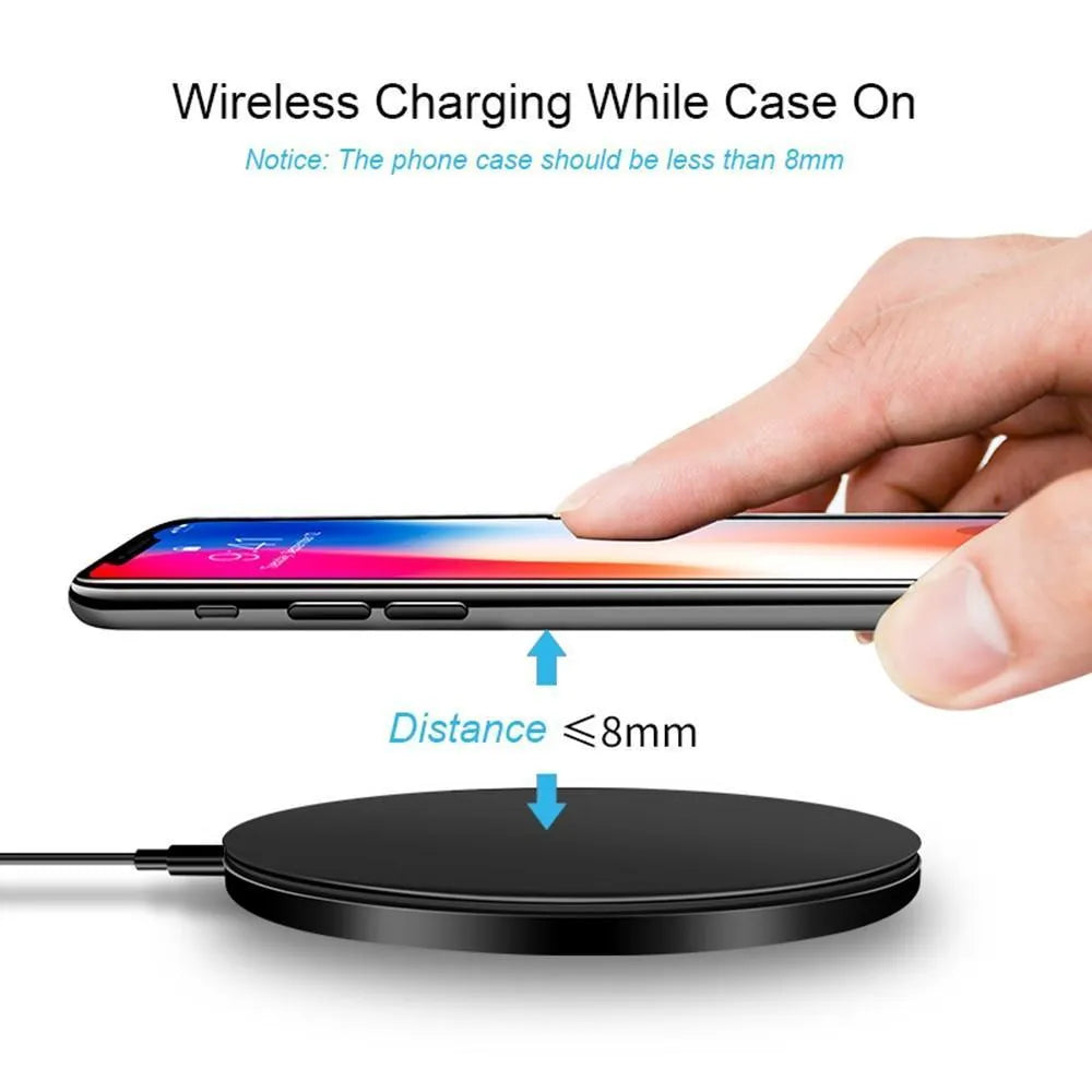 Ultra-thin black wireless fast charging pad with 9V support and 98mm square dimensions