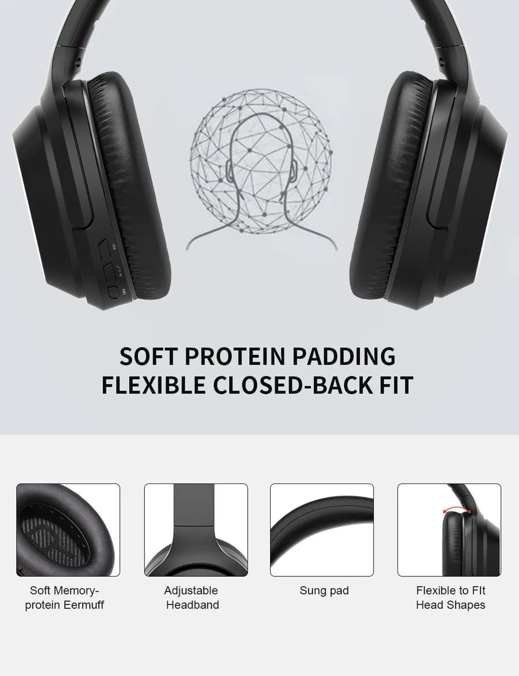 Black wireless Bluetooth headphones with memory-protein ear cushions and adjustable stainless steel headband