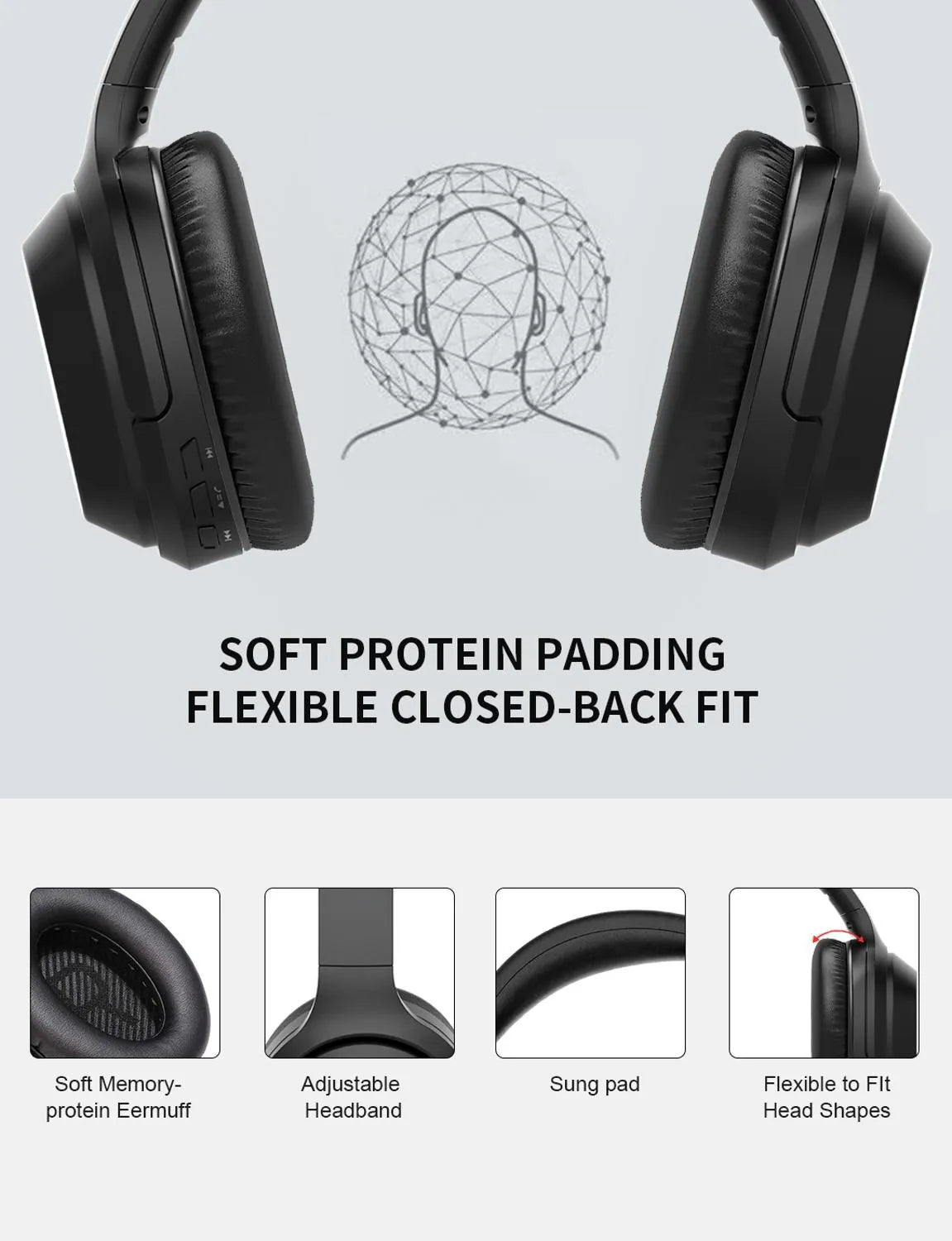 Black wireless Bluetooth headphones with memory-protein ear cushions and adjustable stainless steel headband