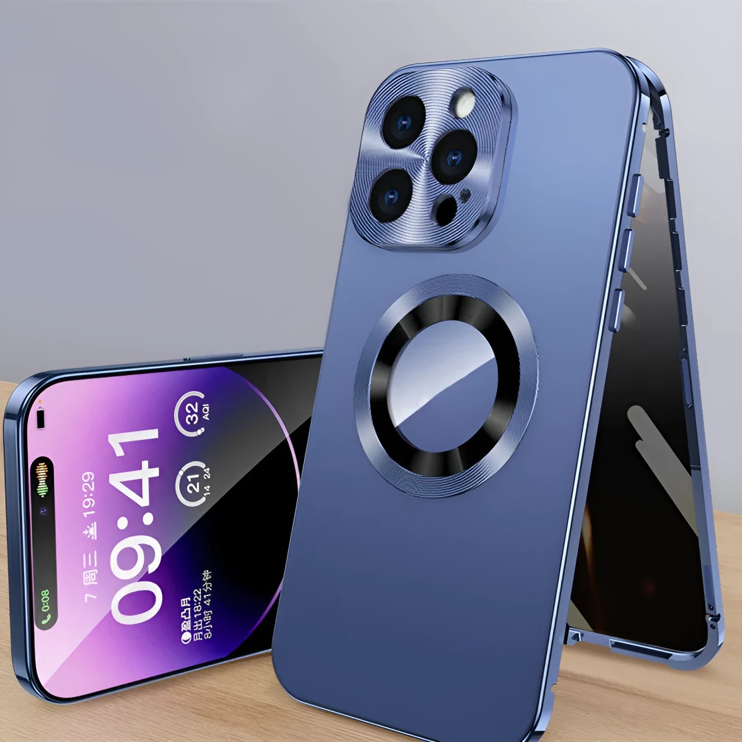 Magnetic iPhone case with anti-peep metal clip in black blue gold purple silver colours for iPhone 12-15 models