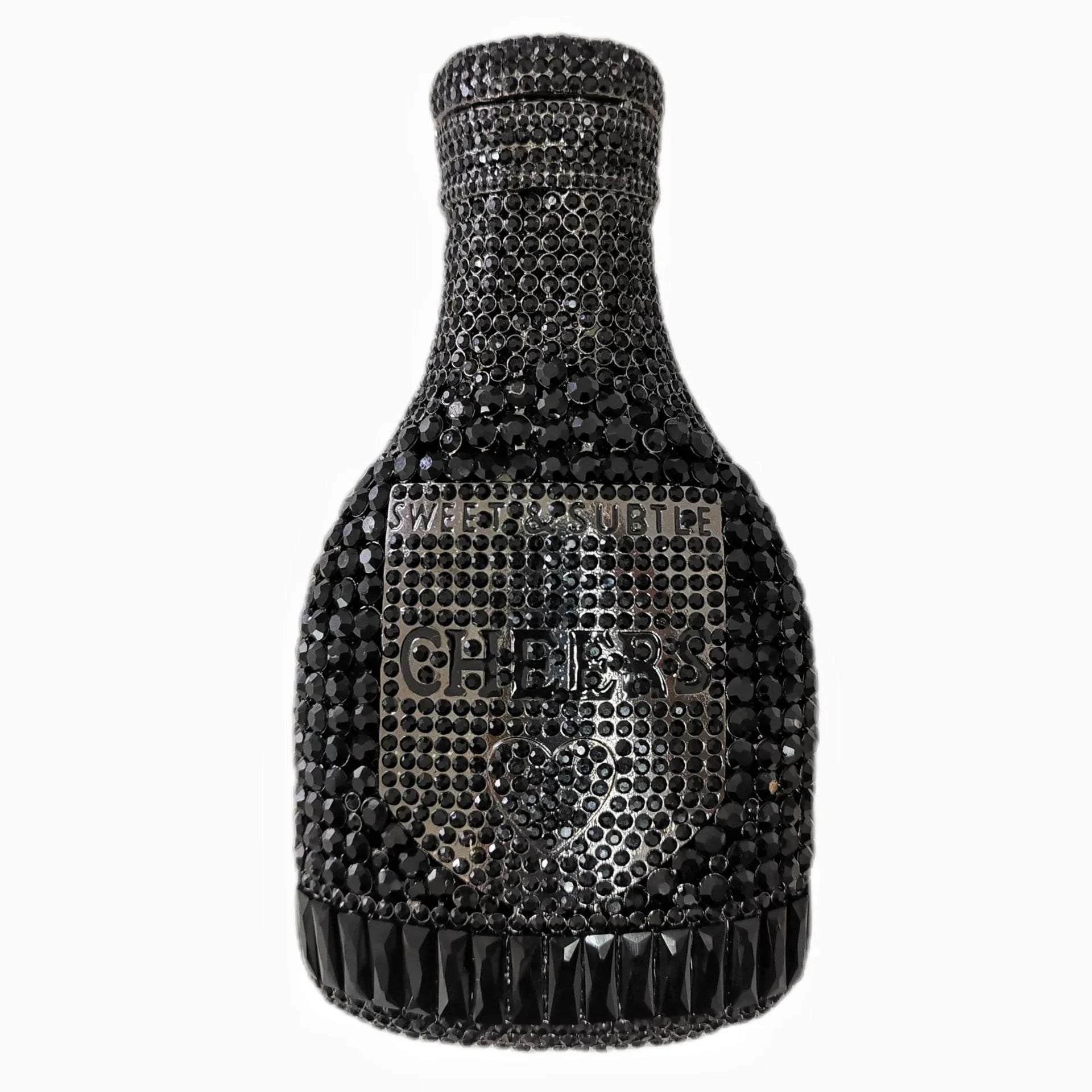 Gold hard alloy evening clutch shaped like a champagne bottle with synthetic leather lining