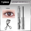 Steel tube waterproof mascara with eyelash curler option in black or brown