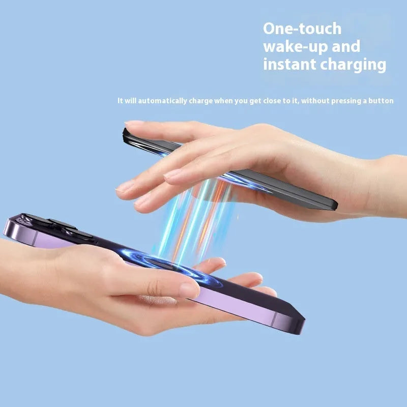 Ultra-thin magnetic power bank in alloy shell showing dark grey, silver, black and violet colour options