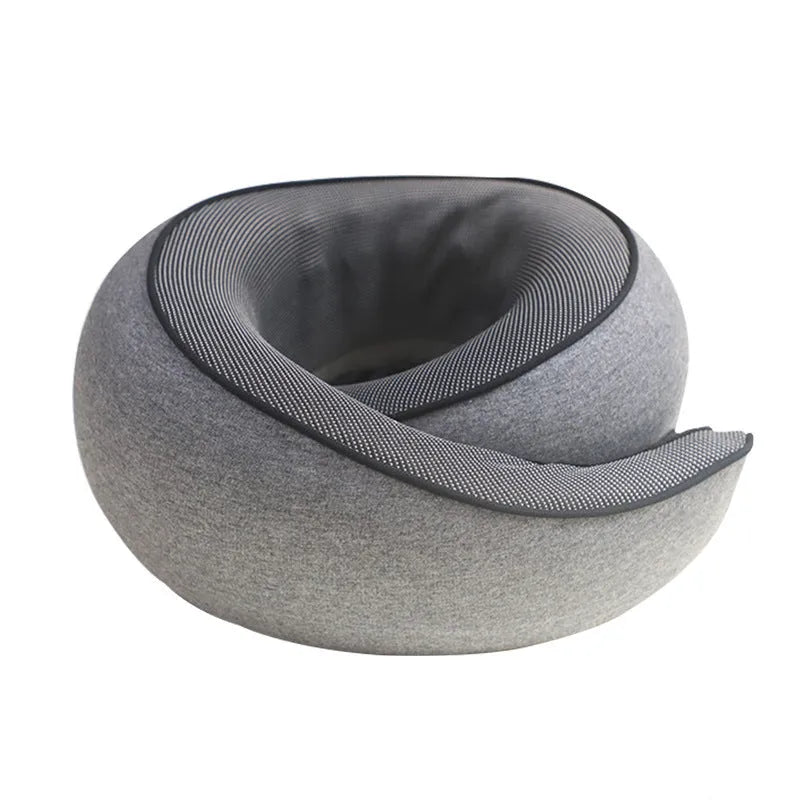 Black U-shaped memory foam neck pillow with storage bag, dimensions 27x26x13cm