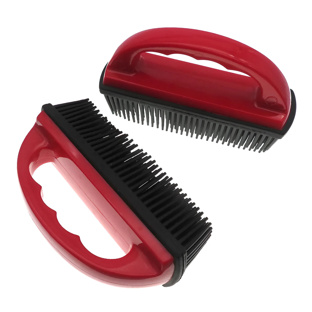 Red pet hair removal brush with massage function for grooming and carpet cleaning, measuring 160mm