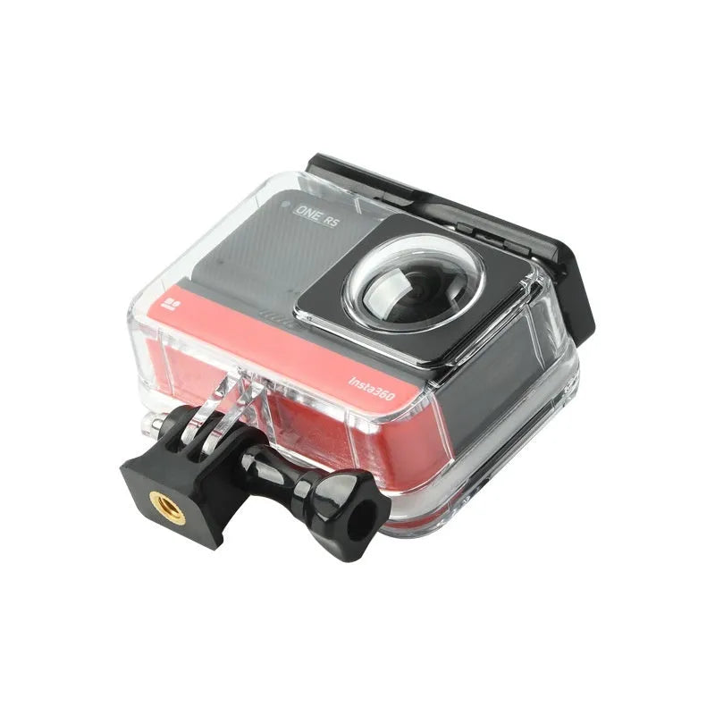 Transparent waterproof housing for Insta360 One RS camera showing dimensions 9x8x4.5cm