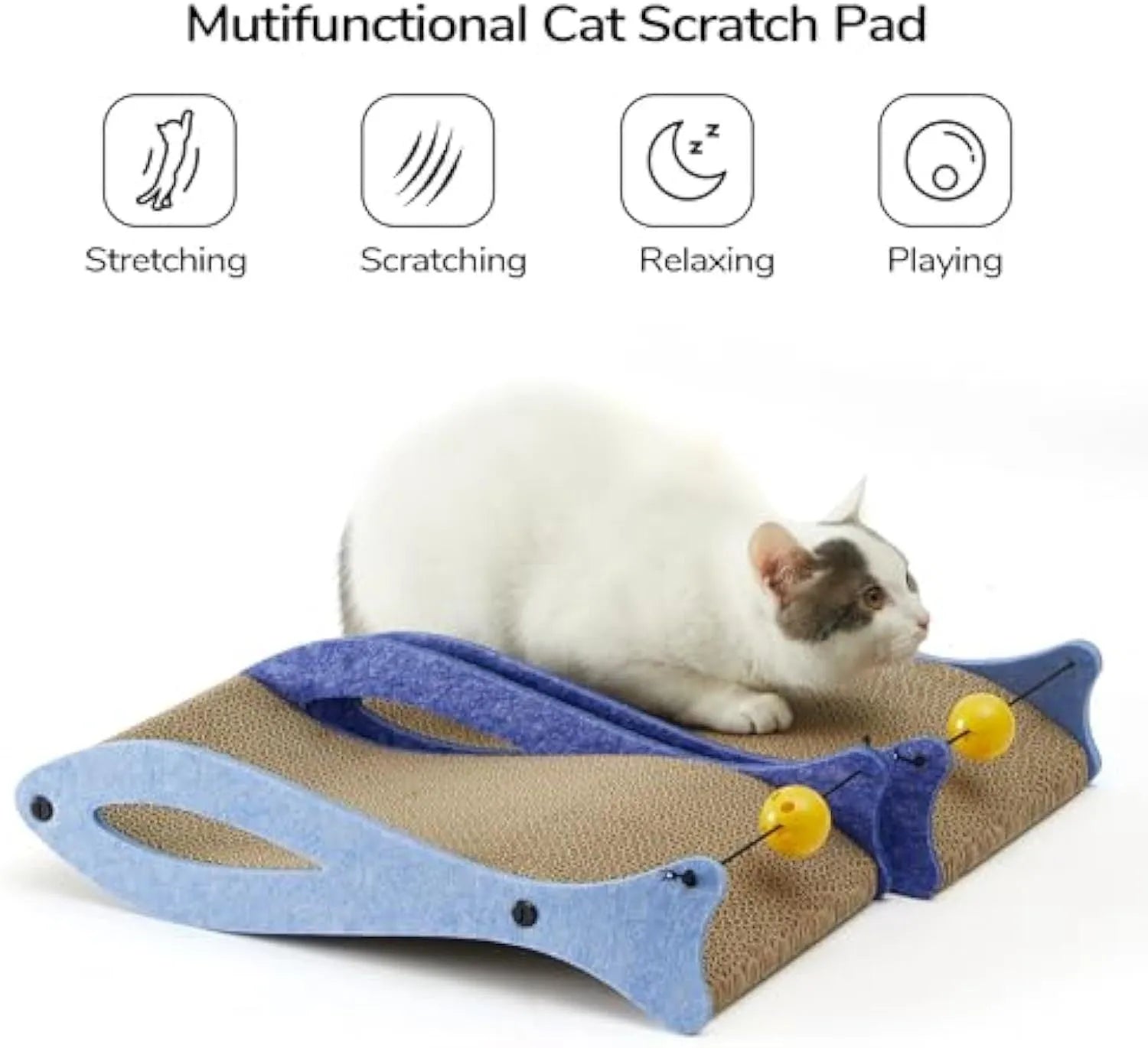 Blue fish-shaped corrugated cardboard cat scratcher lounge with a dangling bell ball toy.