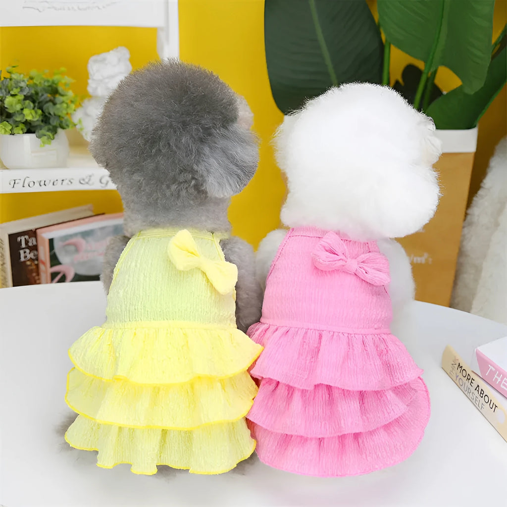 Small dog wearing princess dress with candy layered skirt in rose red, yellow, or water green