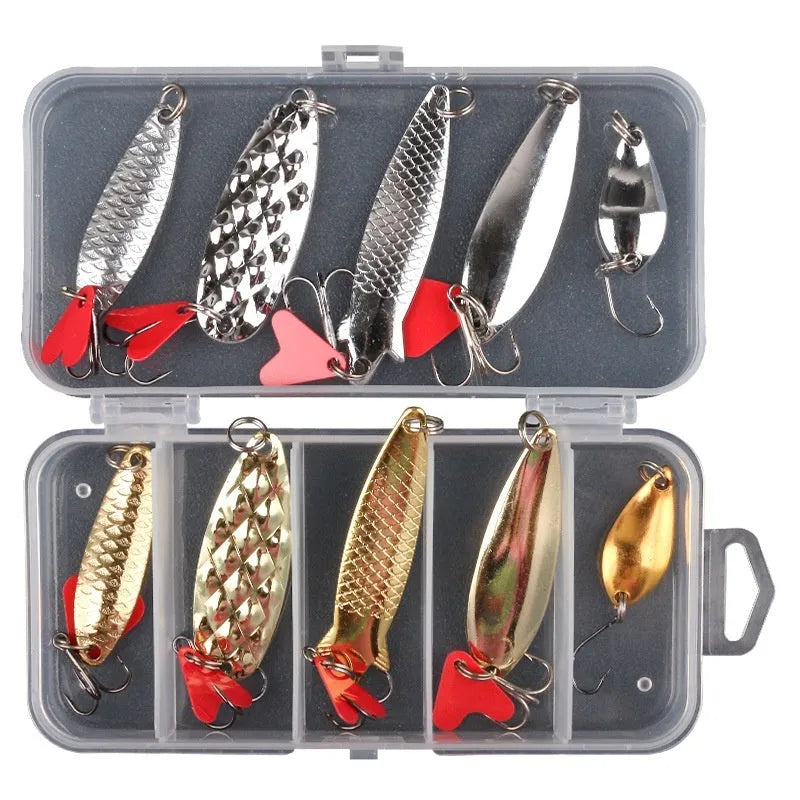 Gold and silver metal pineapple sequins for fishing lures, packaged in sets of 11, 21, or 36 pieces.