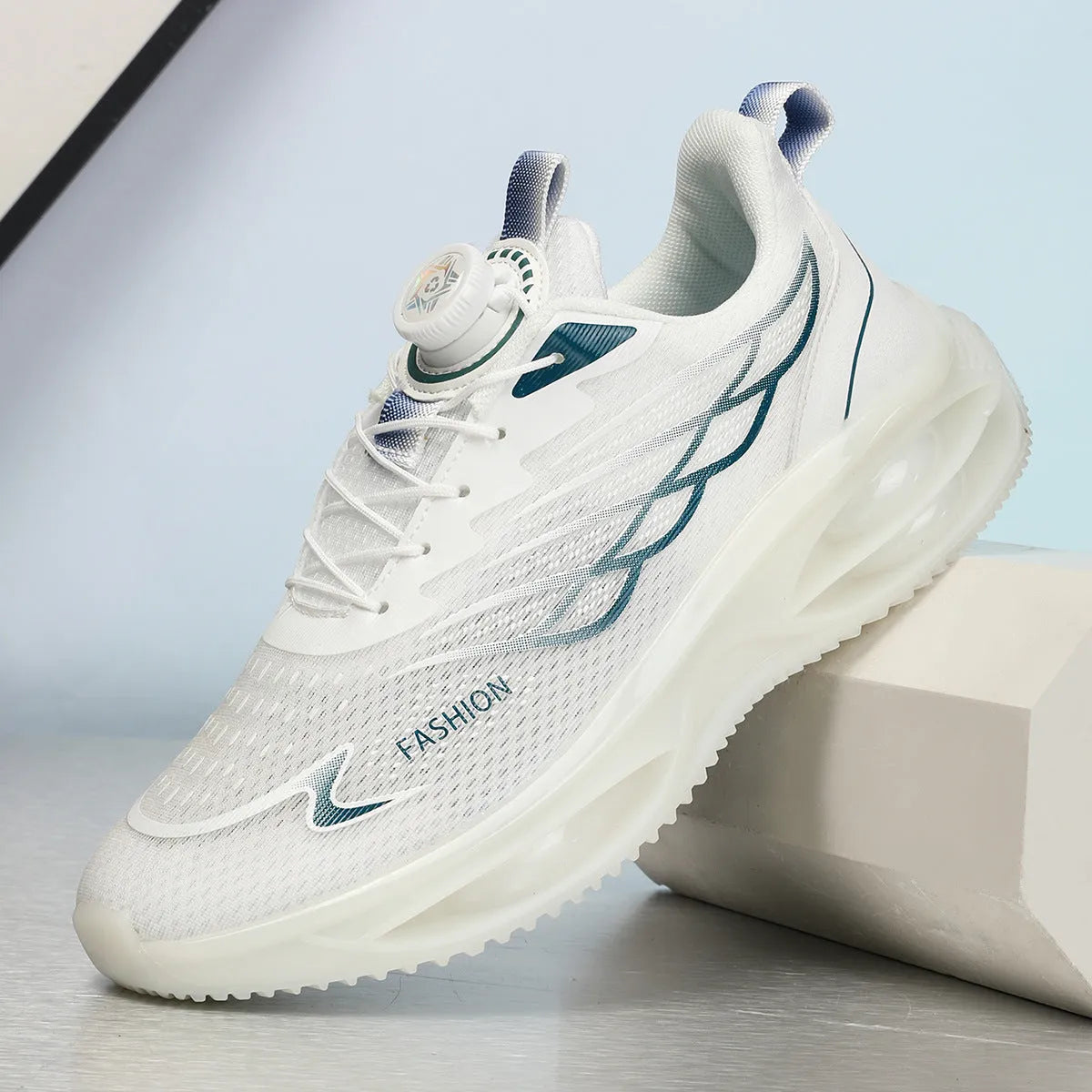A pair of casual breathable running shoes in a solid colour with a mesh upper, rubber sole, and lace-up front.