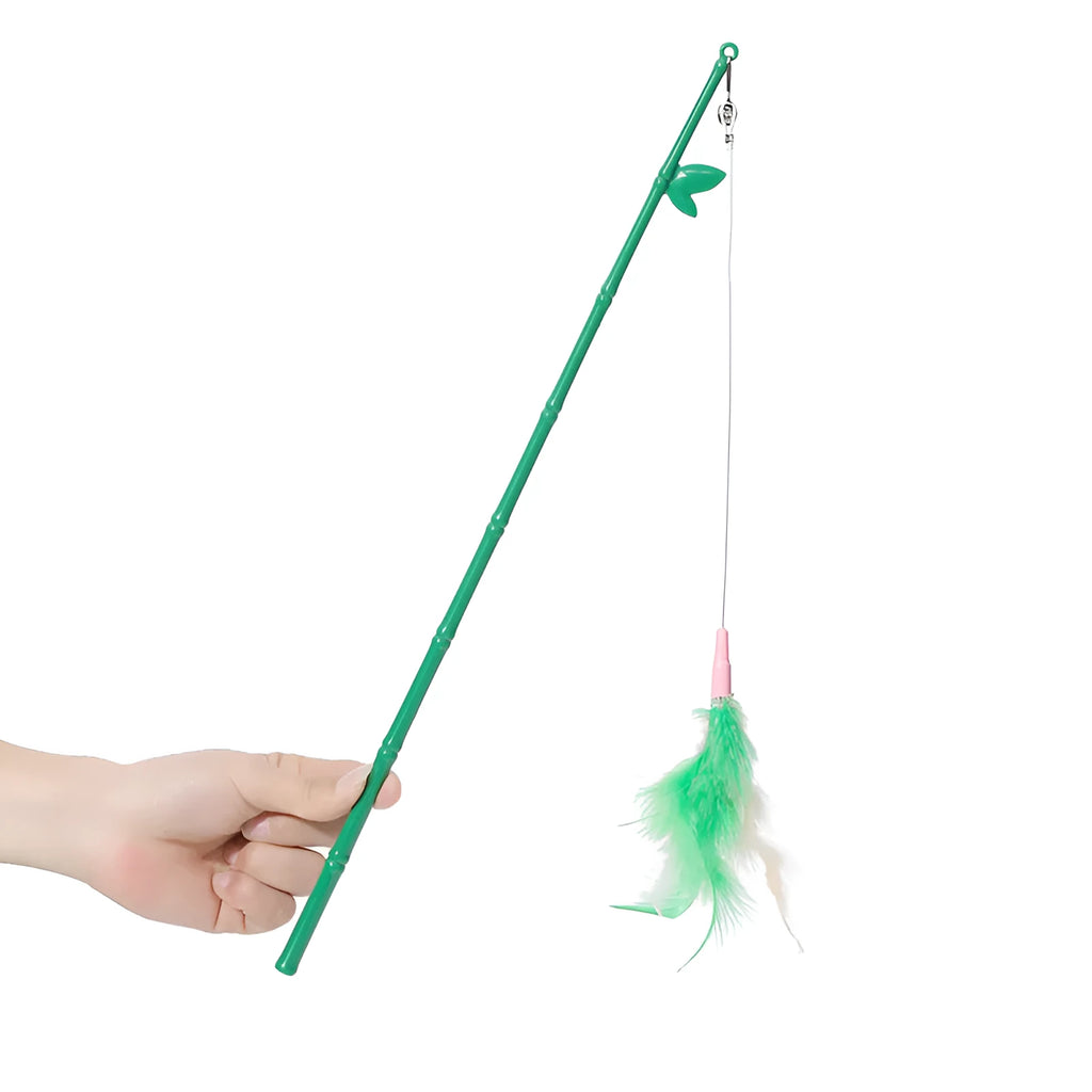 Green interactive cat feather wand toy with bell and colourful refill feathers