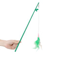 Green interactive cat feather wand toy with bell and colourful refill feathers