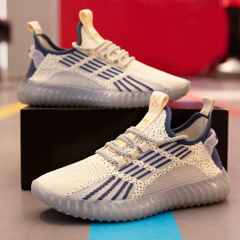 Men's breathable flying fabric sports shoes in white with mesh inner lining and platform heel