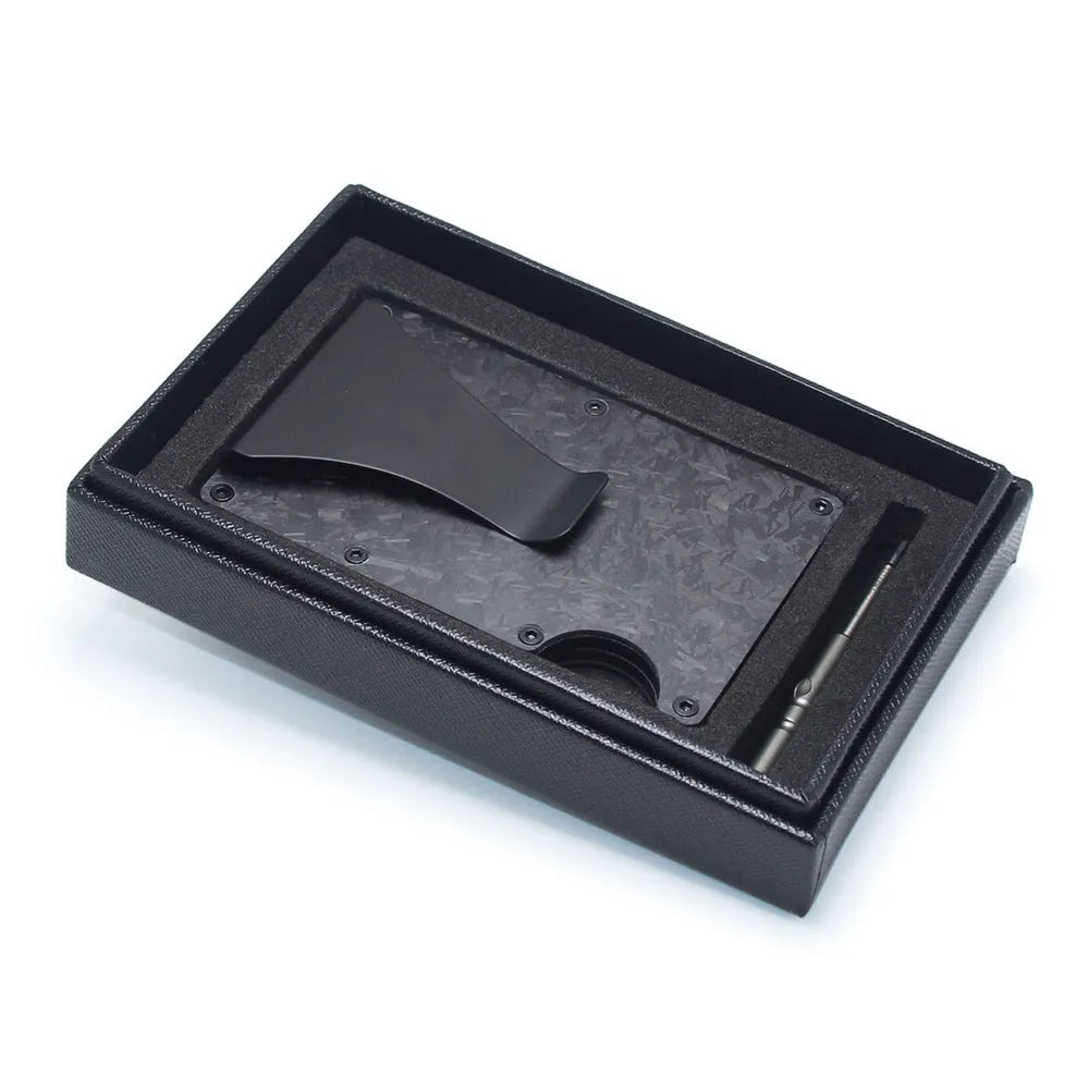 Geometric carbon fibre business card holder showing 8mm thickness with multiple colour finish options